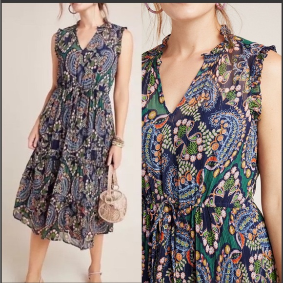 Anthropologie Dress Womens 00P Elmira Ruffle Shimmer Boho Paisley Colorful Midi - Picture 1 of 8